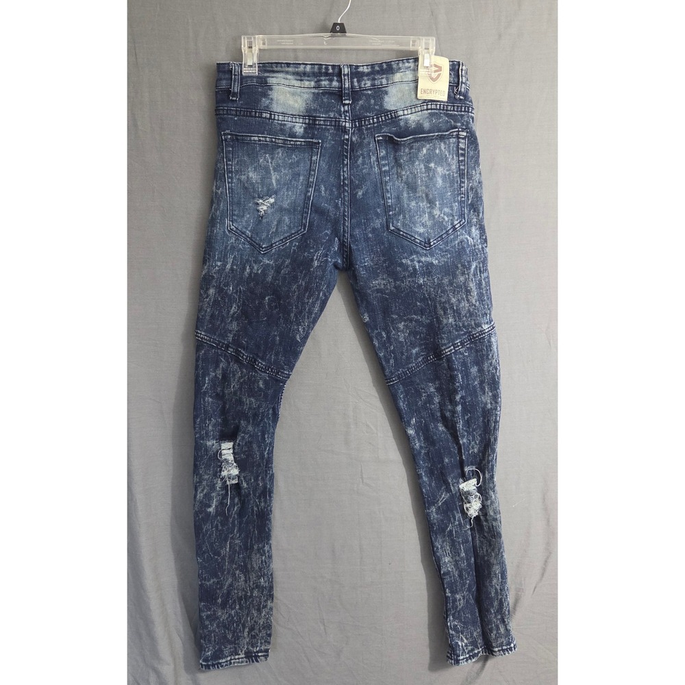 Encrypted Supply Co Mens Acid Wash Biker Jeans Distressed Moto Denim Blue 34x30 - Picture 4 of 8